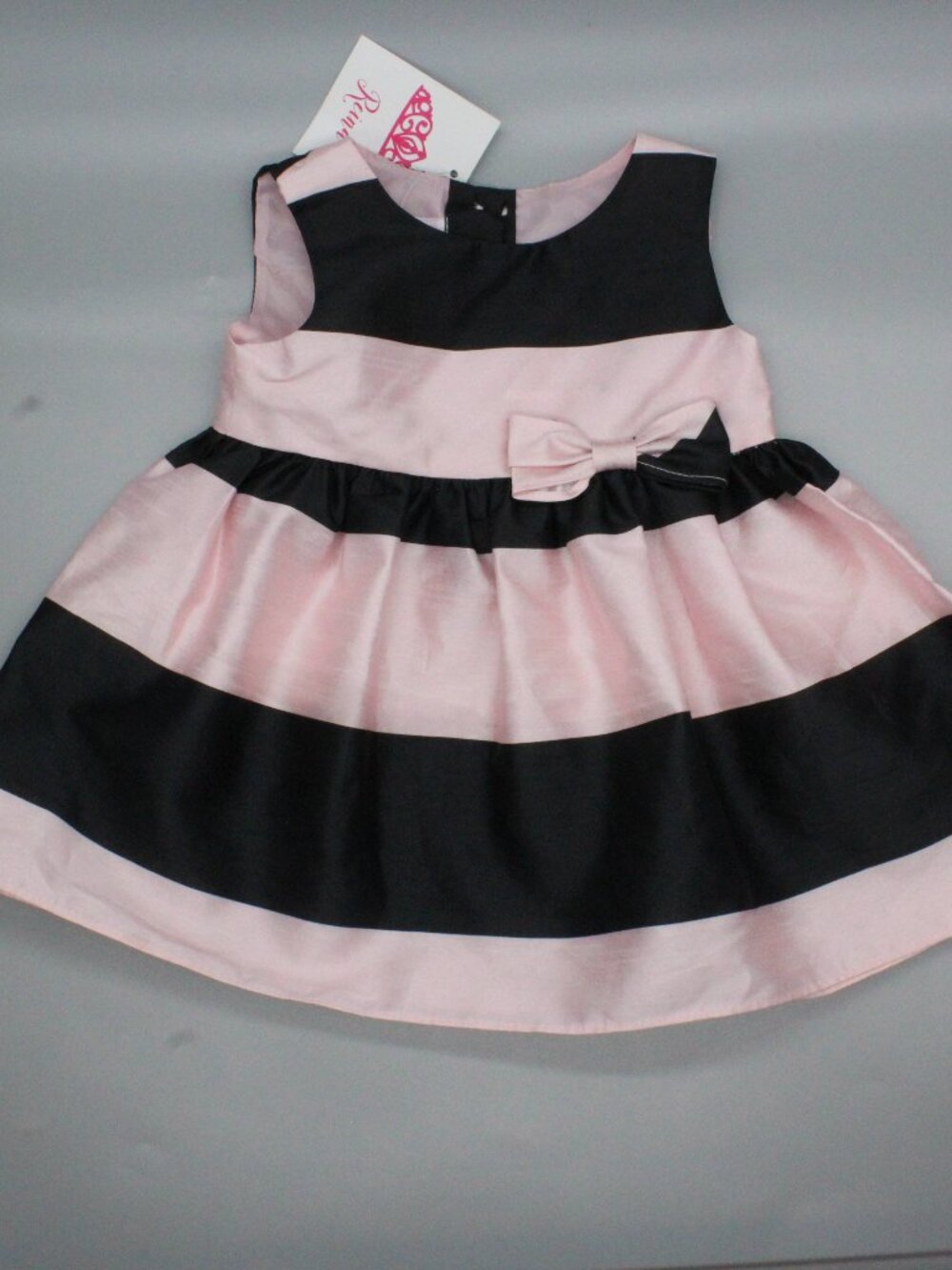 Reina Boutique 12M Pink Black Stripe Satin Bow Special Occasion Dress NWT